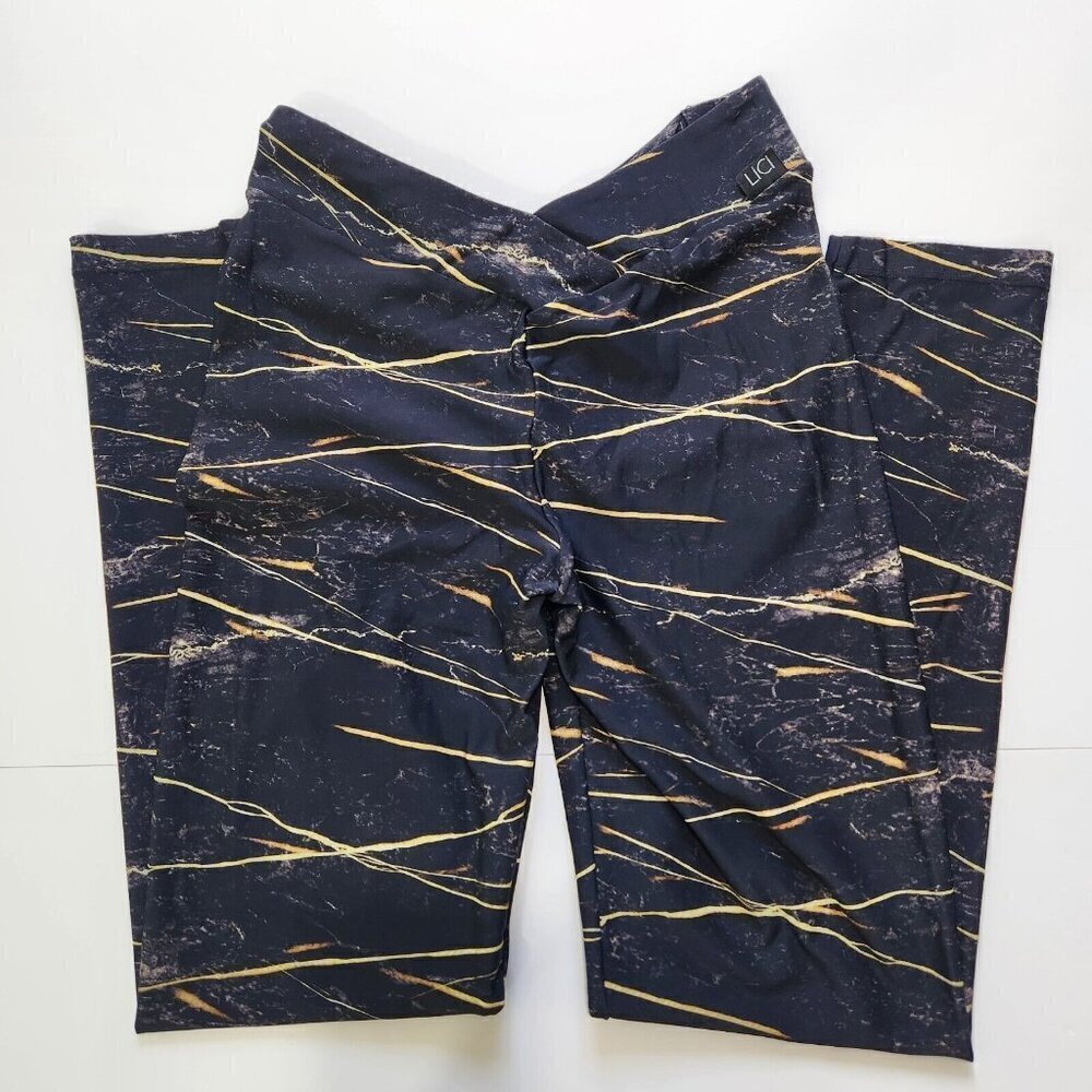 LiCi Fit Butt Scrunch V Front Leggings Womens XXL 16-18‎ US Black Gold Marble